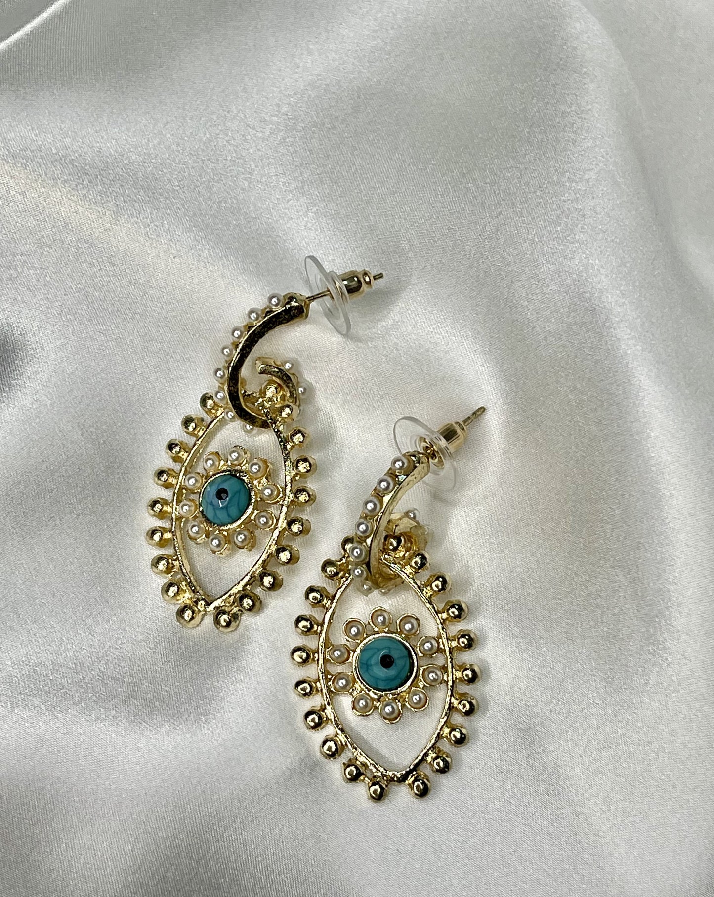 Lubna Blue Evil Eyes Pearl Earrings